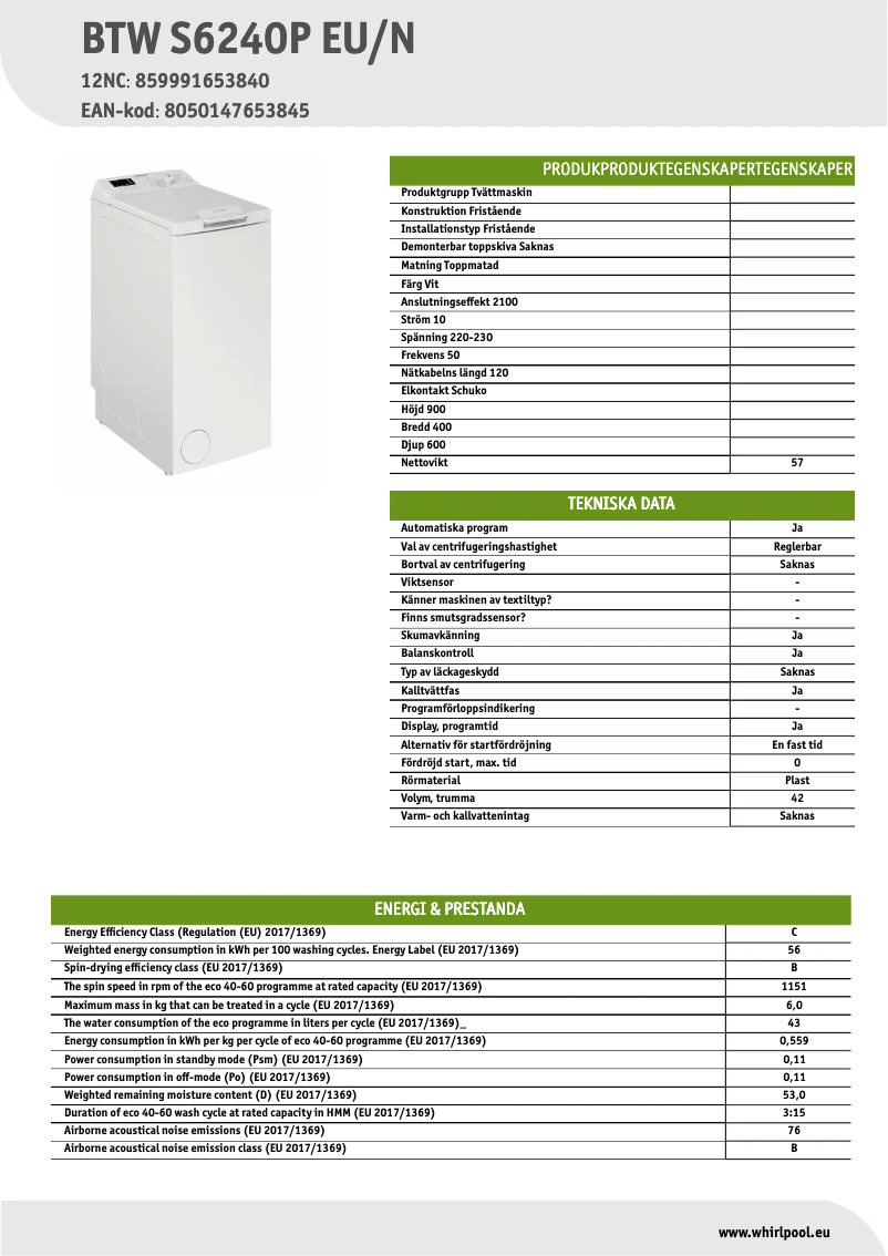 Page n°1 - Fiche technique Indesit BTW S6240P EU/N