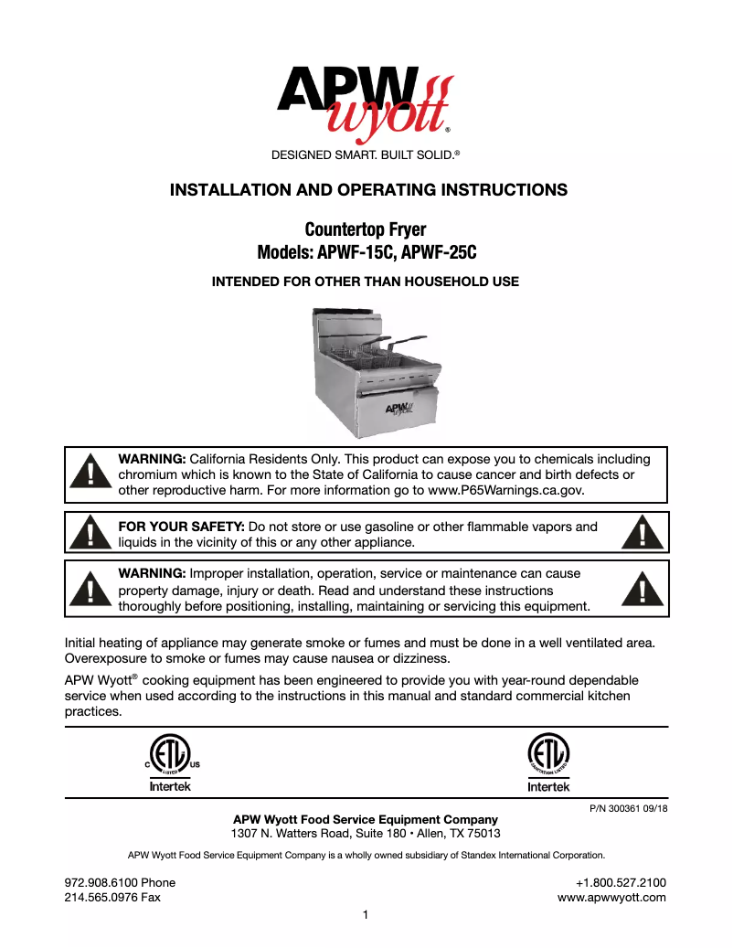 Page n°1 - Manuel utilisateur APW Wyott APW-F15C