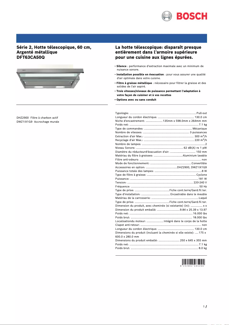 Page 1 de la notice Fiche technique Bosch DFT63CA50Q