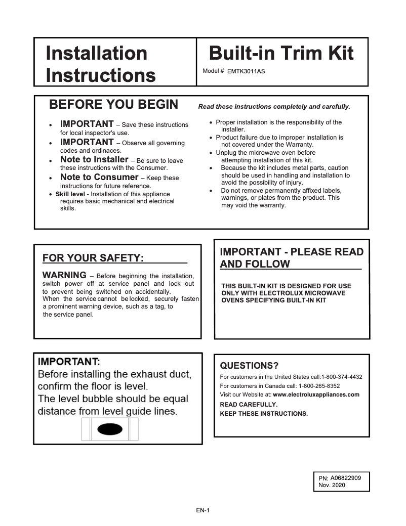 Page 1 de la notice Guide d'installation Electrolux EMBS2411AB
