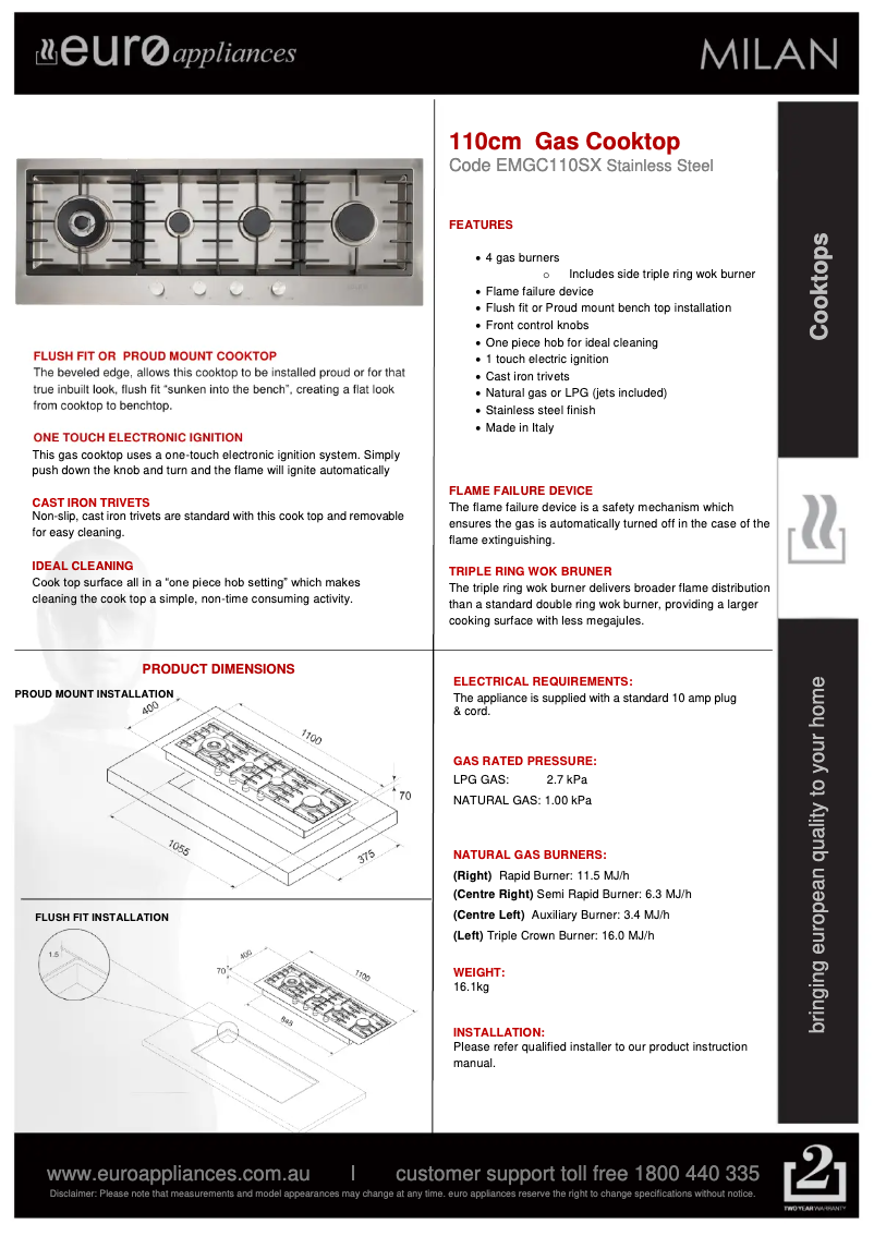 Page 1 de la notice Fiche technique Euro Appliances EMGC110SX
