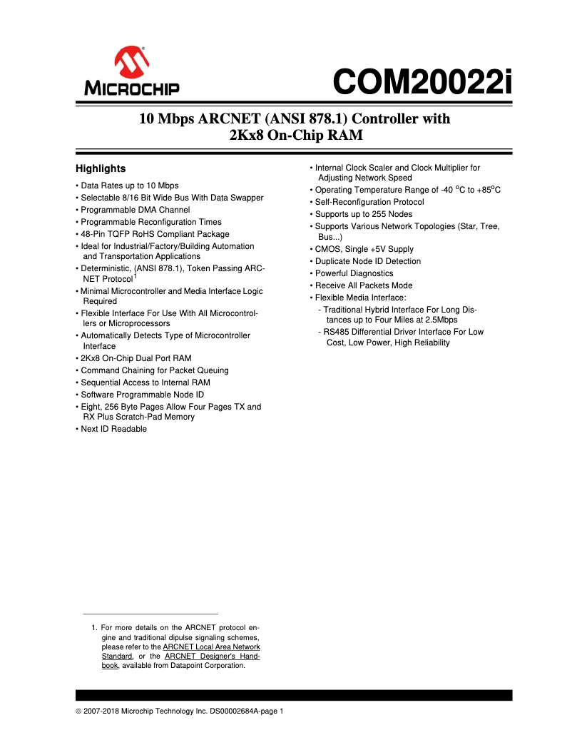Page 1 de la notice Fiche technique Microchip COM20022i