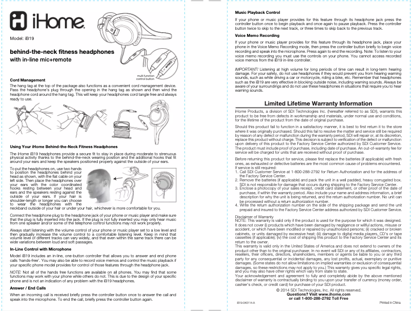 Page n°1 - Manuel utilisateur iHome iB19