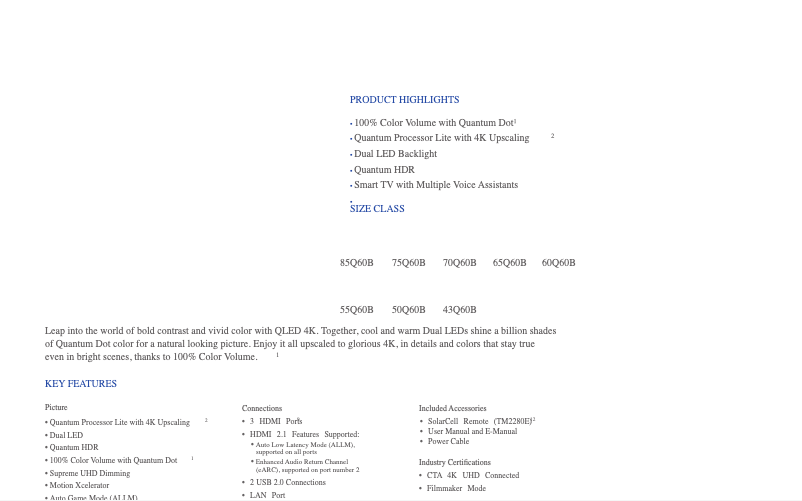 Page 1 de la notice Fiche technique Samsung QN75Q60B