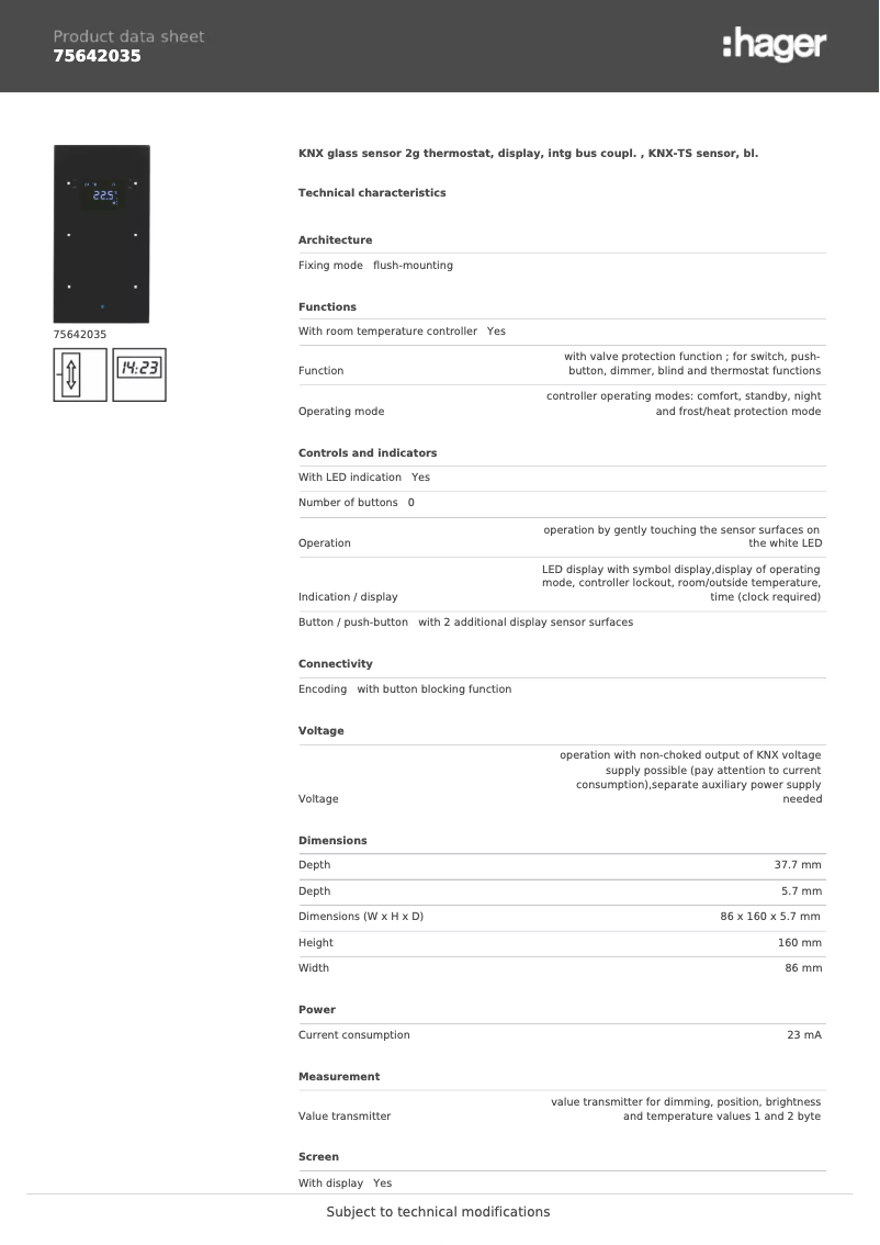 Page 1 de la notice Fiche technique Hager 75642035