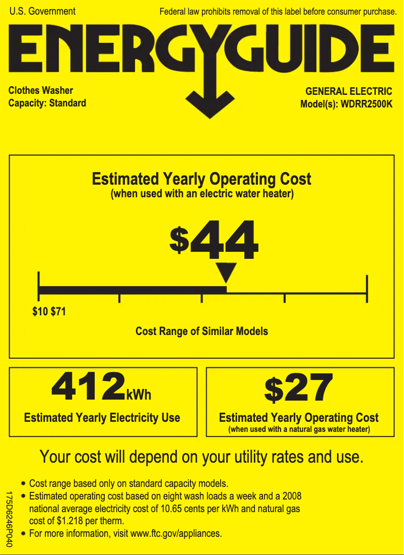 Página 1 del manual Etiqueta energética GE WDRR2500KWW