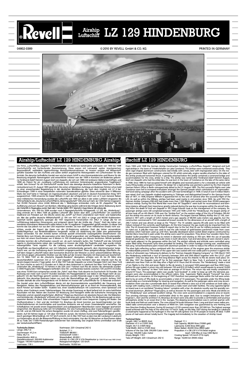 Page 1 de la notice Manuel utilisateur Revell LZ 129 HINDENBURG