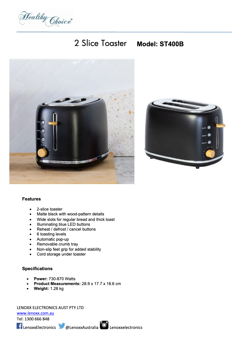 Página 1 del manual Ficha técnica Healthy Choice ST300B