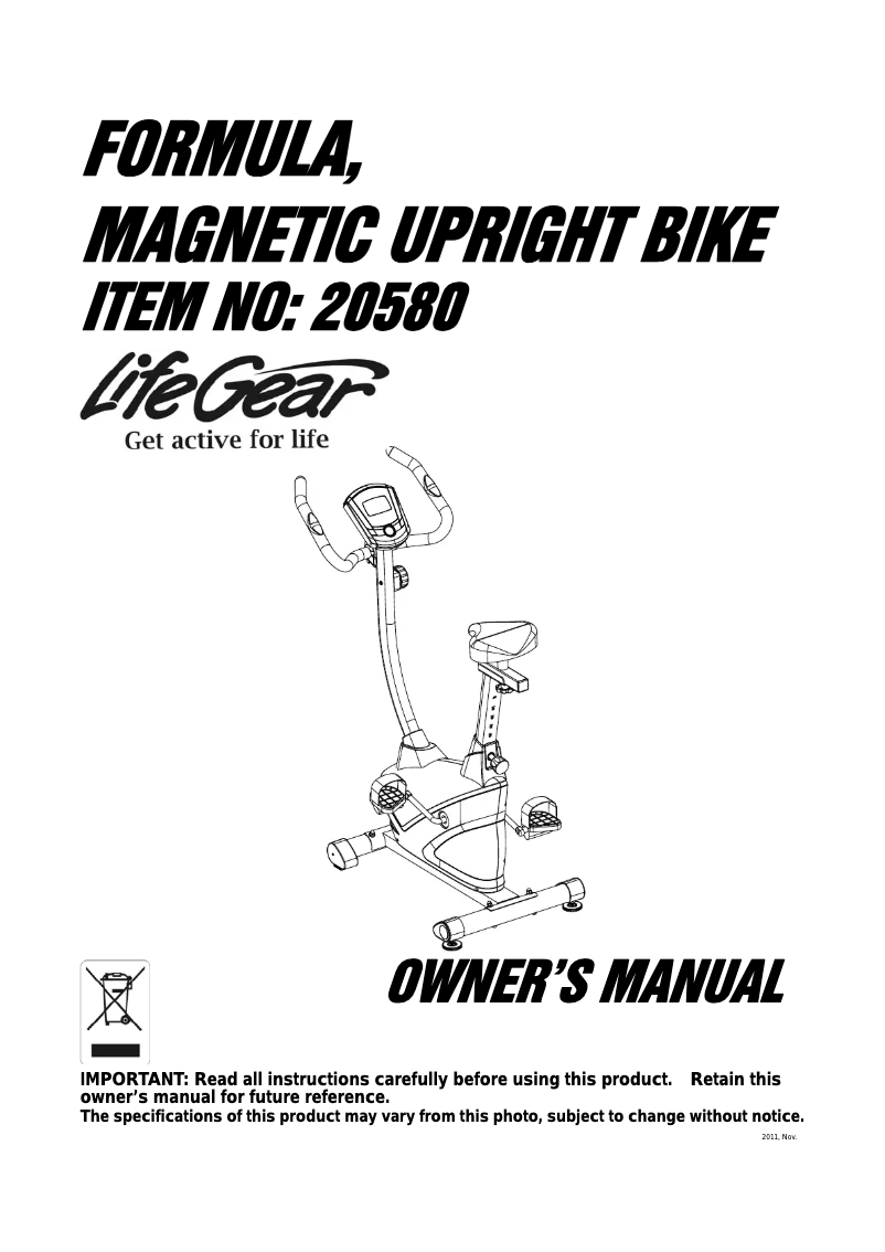 Page 1 de la notice Manuel utilisateur Life Gear Formula Magnetic Upright Bike 20580