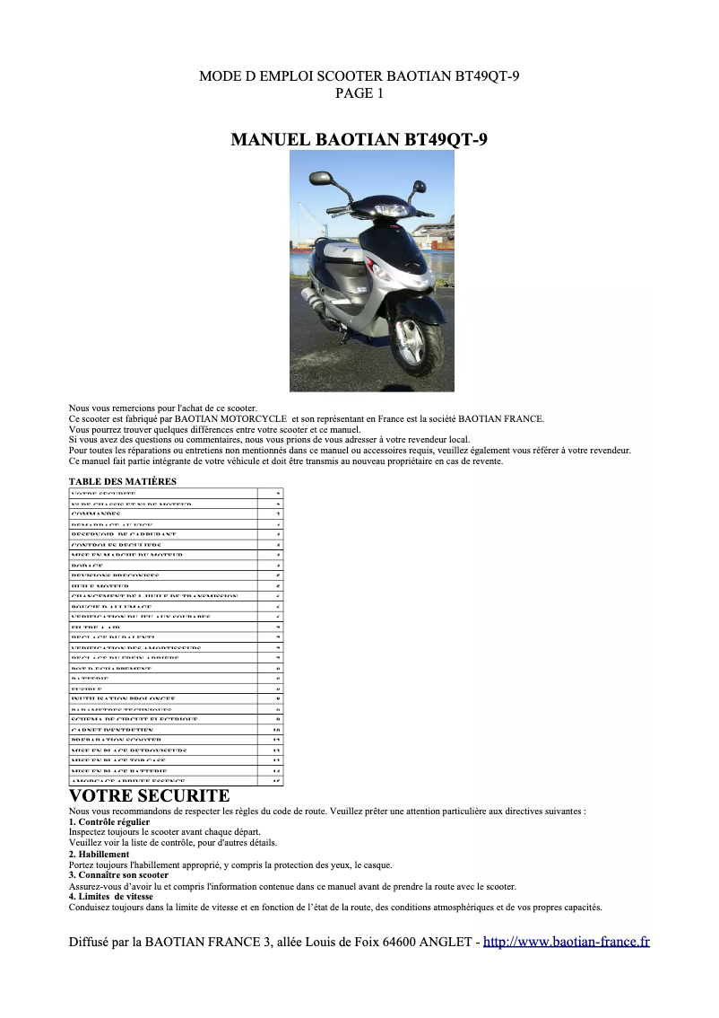 Page 1 de la notice Manuel utilisateur Baotian BT49QT-9