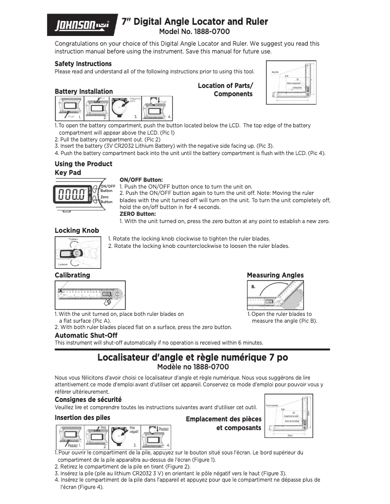 Page 1 de la notice Manuel utilisateur Johnson Level 1888-0700