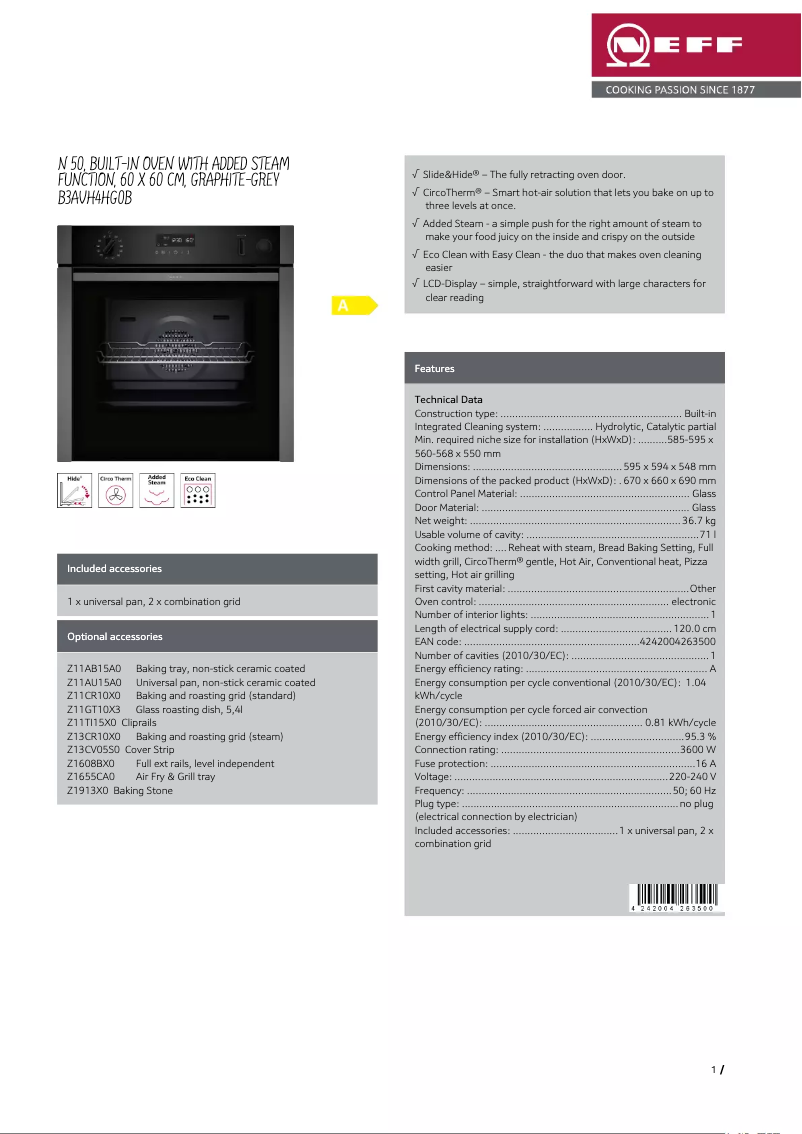Page 1 de la notice Fiche technique Neff B3AVH4HG0B