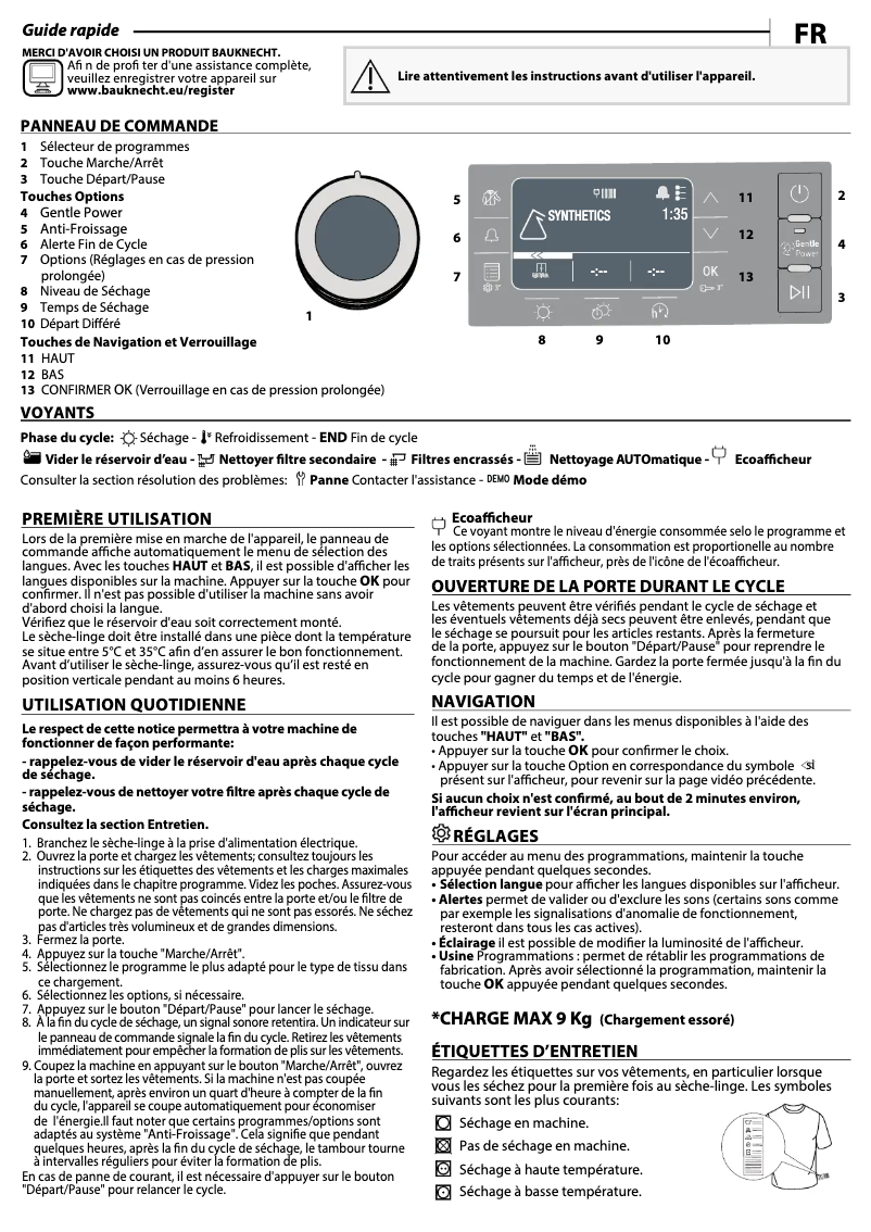 Page 1 de la notice Mode d'emploi Bauknecht B8 D94WB CH