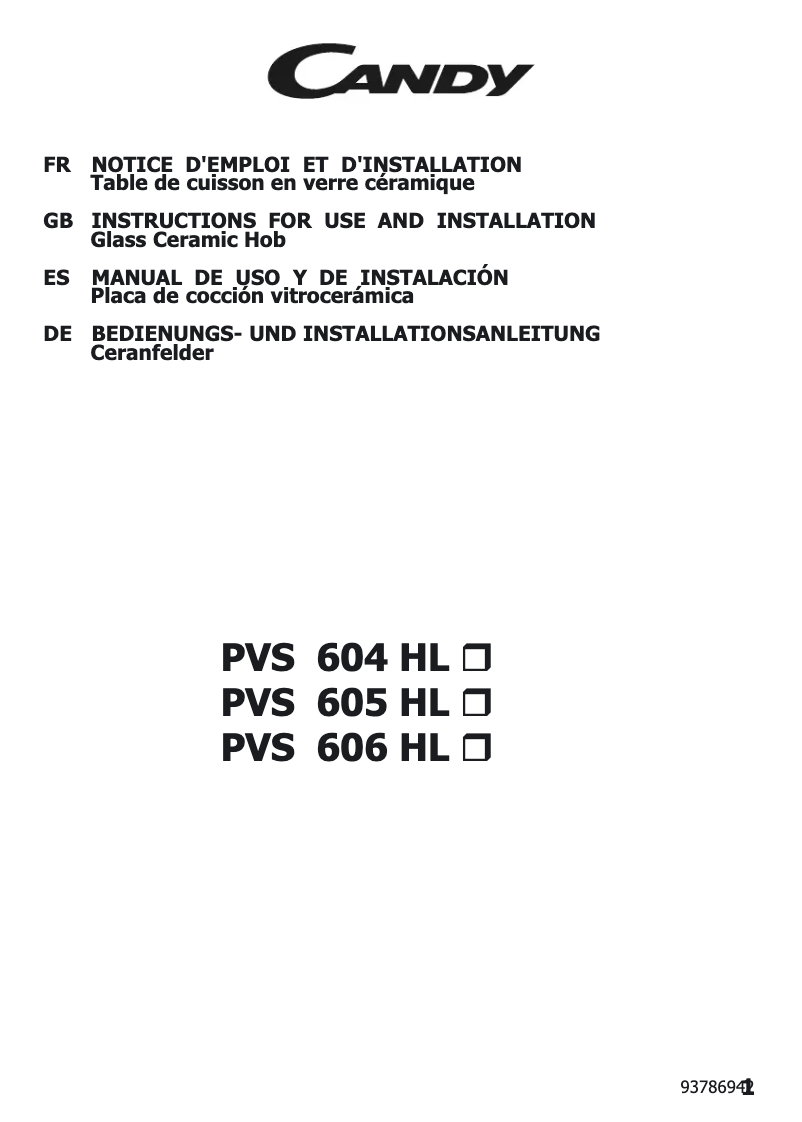 Page 1 de la notice Manuel utilisateur Candy PCPVS605HLAL