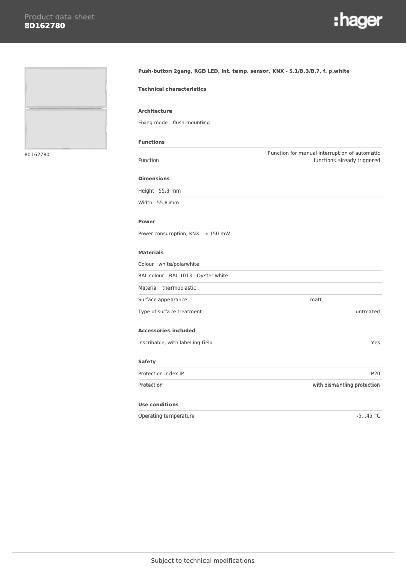 Page n°1 - Fiche technique Berker 80162780