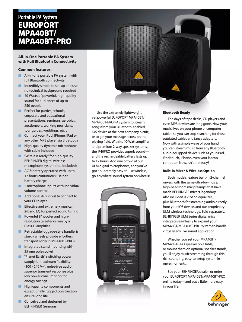 Page 1 de la notice Brochure Behringer Europort MPA40BT