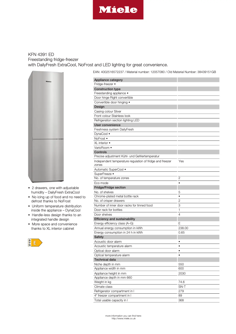 Page 1 de la notice Fiche technique Miele KFN 4391 ED