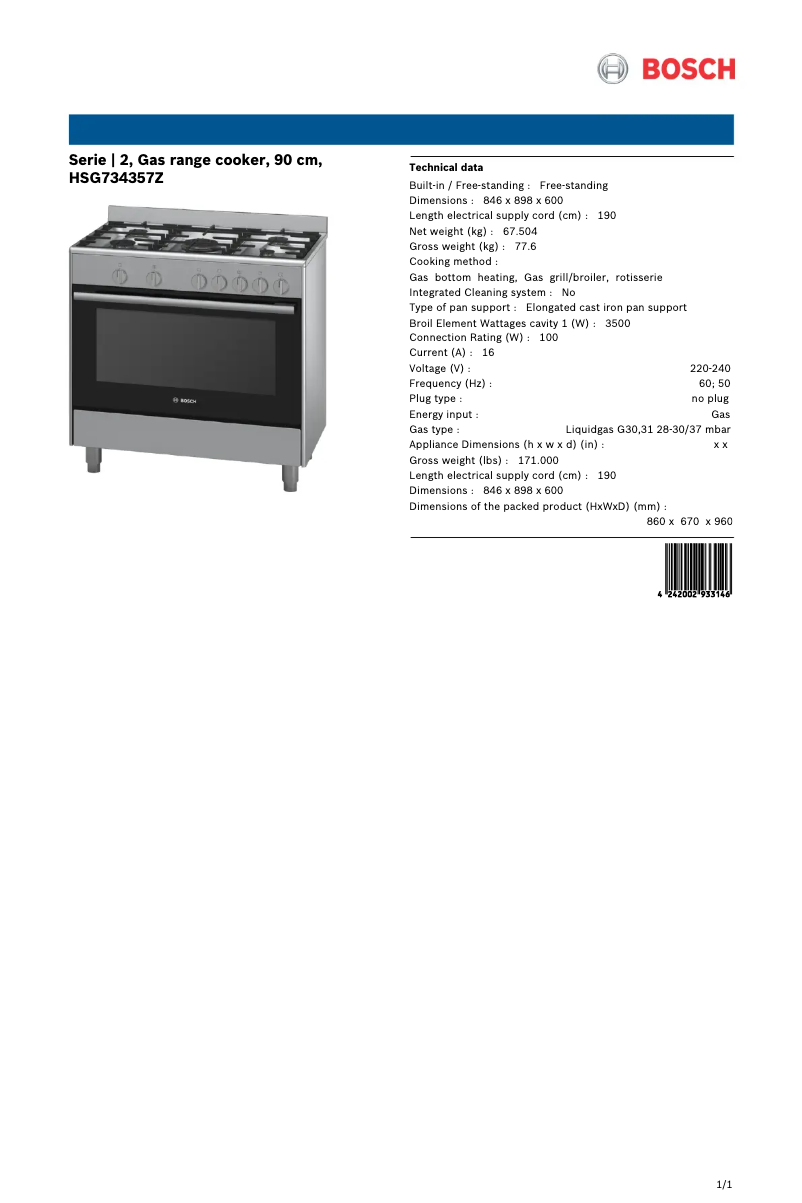 Page 1 of the manual Technical Sheet Bosch HSG734357Z