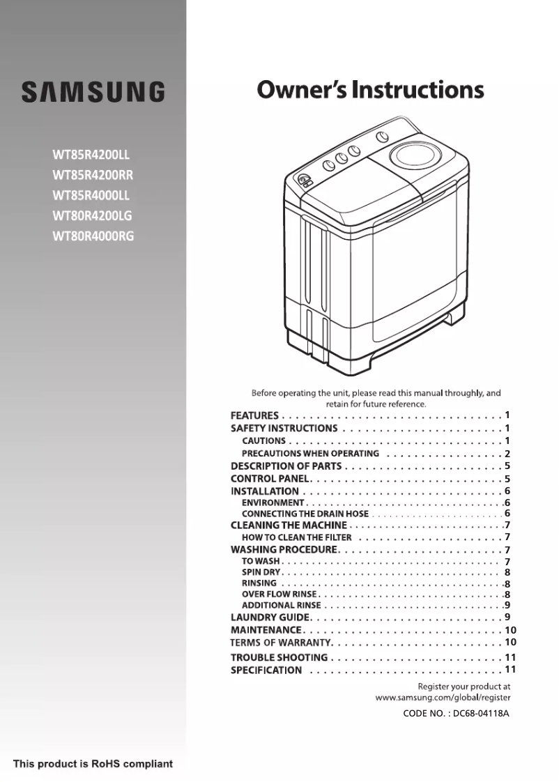 Page 1 de la notice Manuel utilisateur Samsung WT85R4200LL