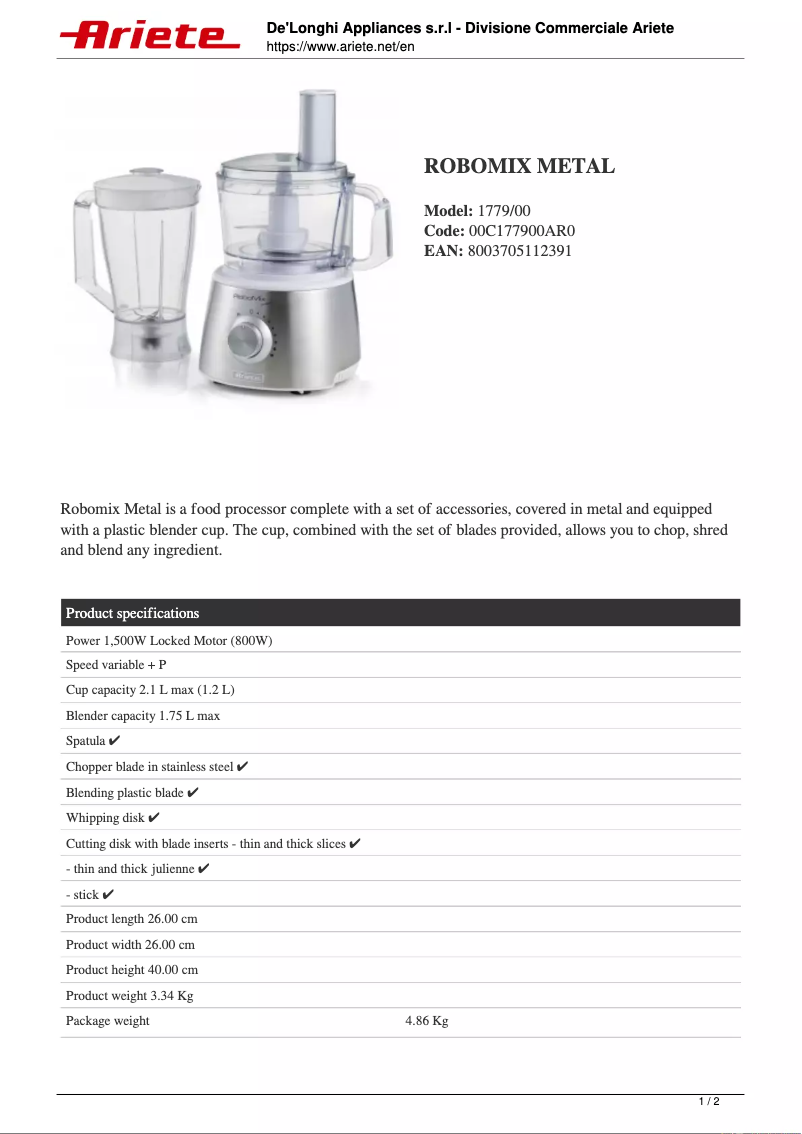 Image de la première page du manuel de l'appareil Robomix Metal 1779