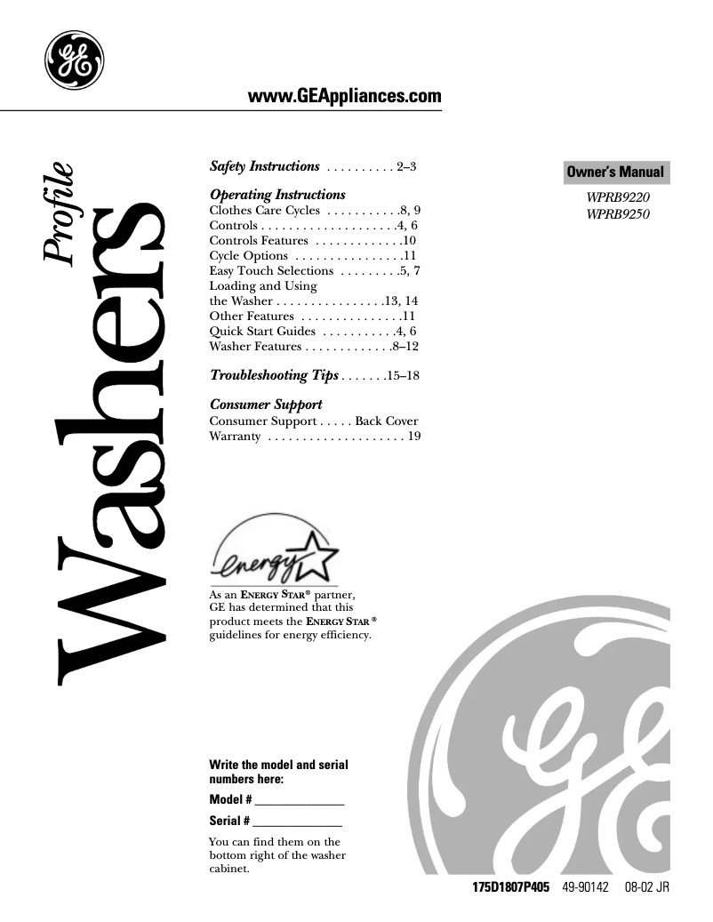 Image de la première page du manuel de l'appareil Profile WPRB9250CCC