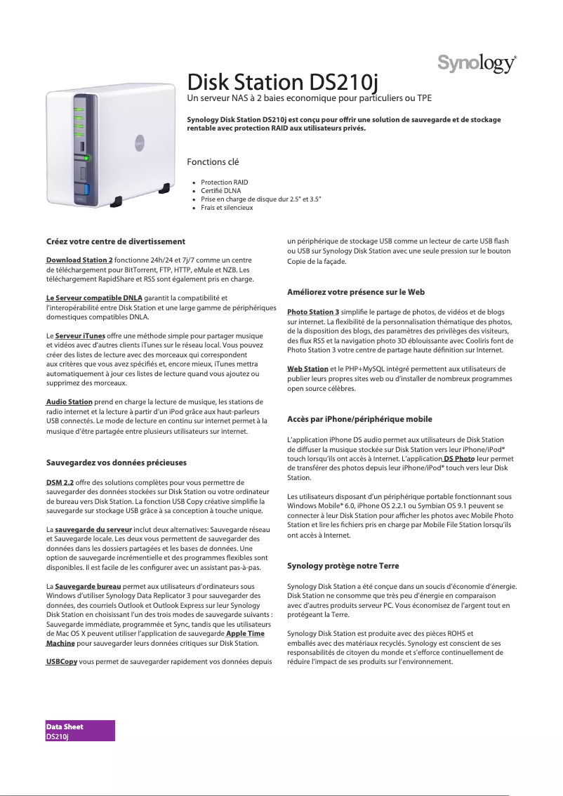 Page 1 de la notice Fiche technique Synology DiskStation DS210j