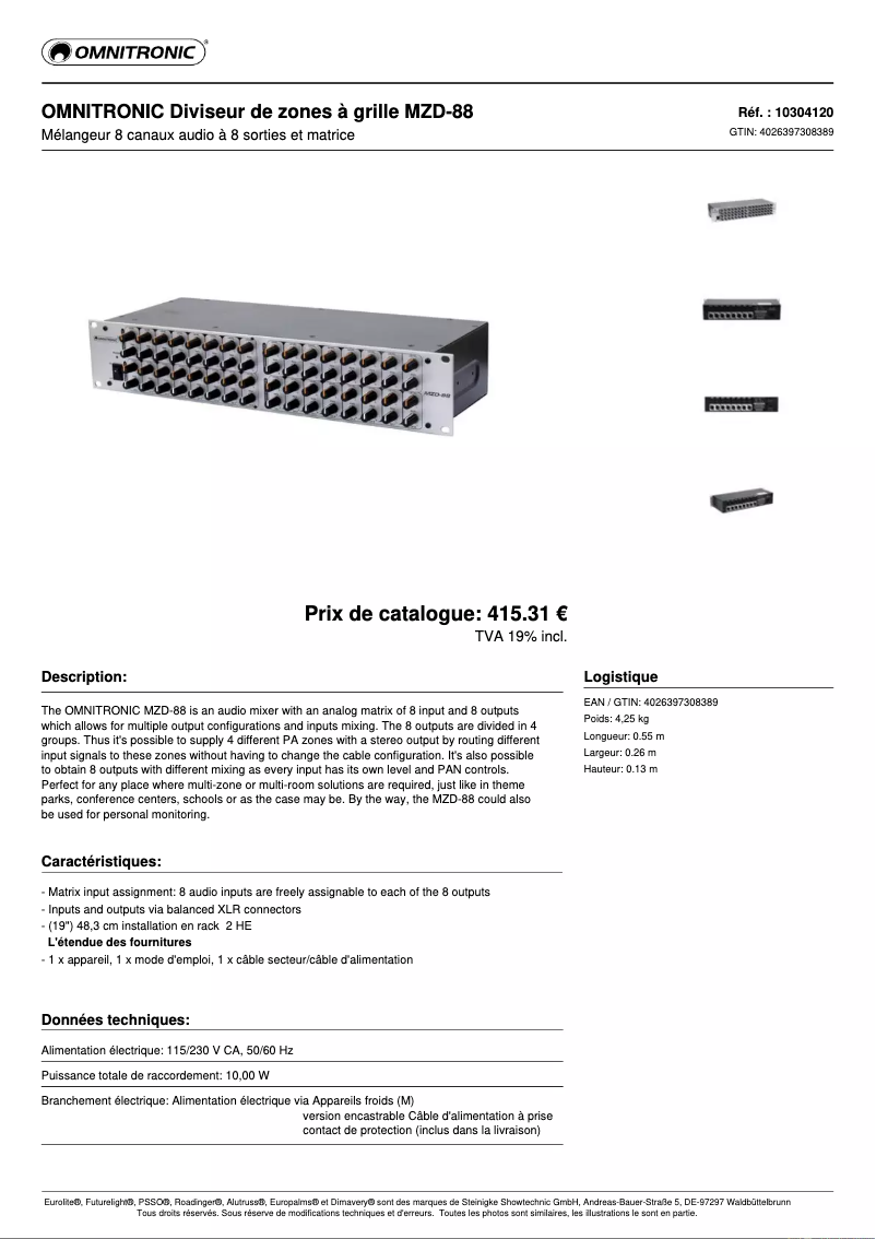 Page 1 de la notice Fiche technique Omnitronic MZD-88