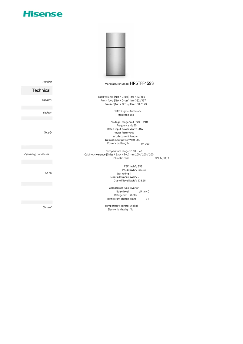 Page 1 de la notice Fiche technique Hisense HR6TFF459S