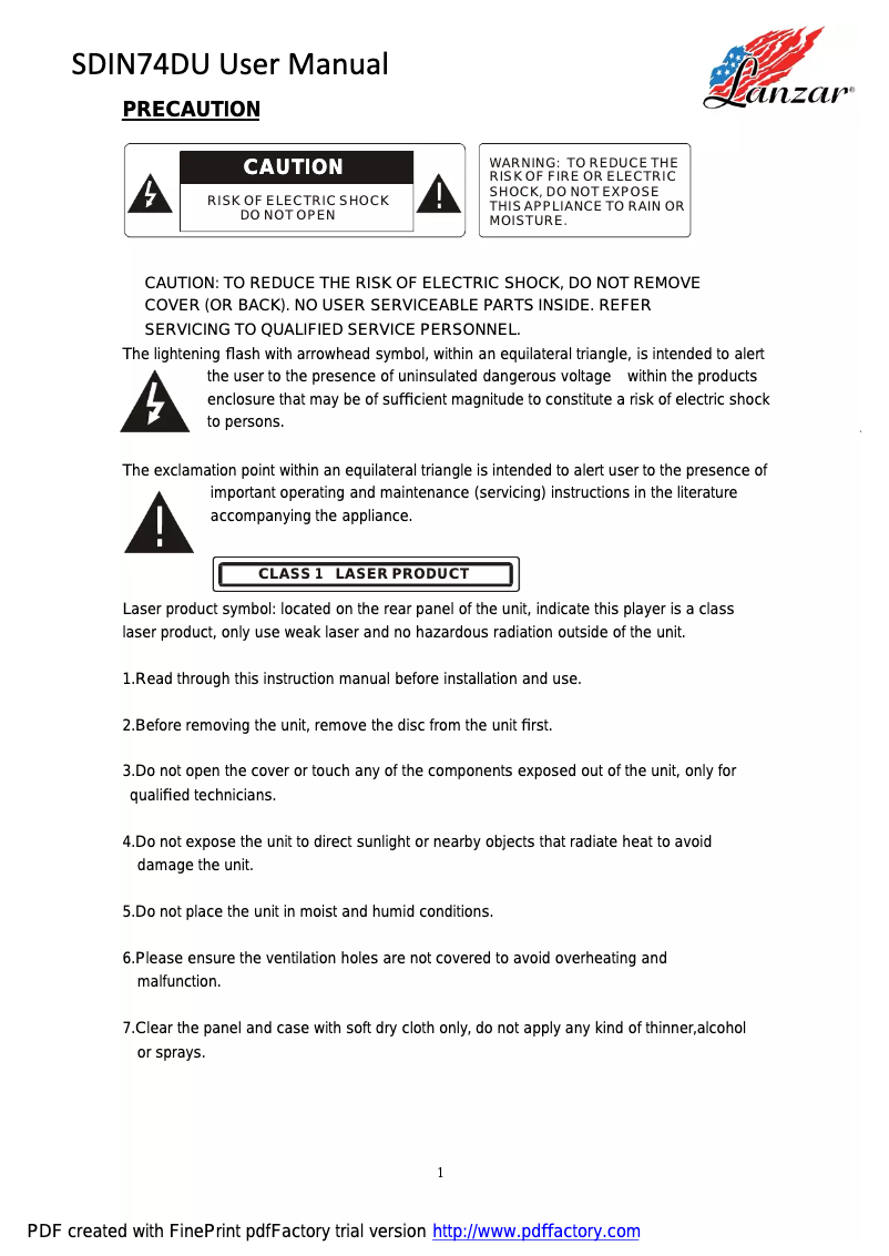 Image de la première page du manuel de l'appareil SDIN74DU