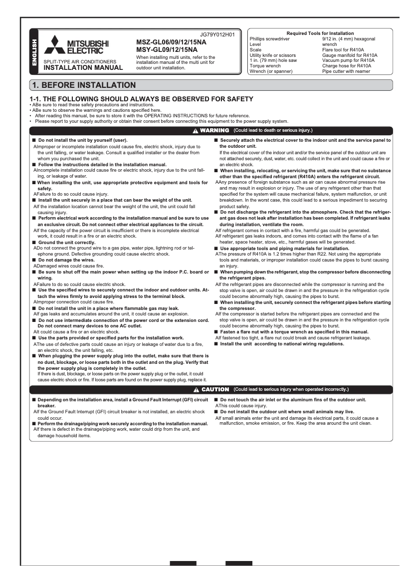 Page 1 de la notice Guide d'installation Mitsubishi MSY-GL09NA-U1