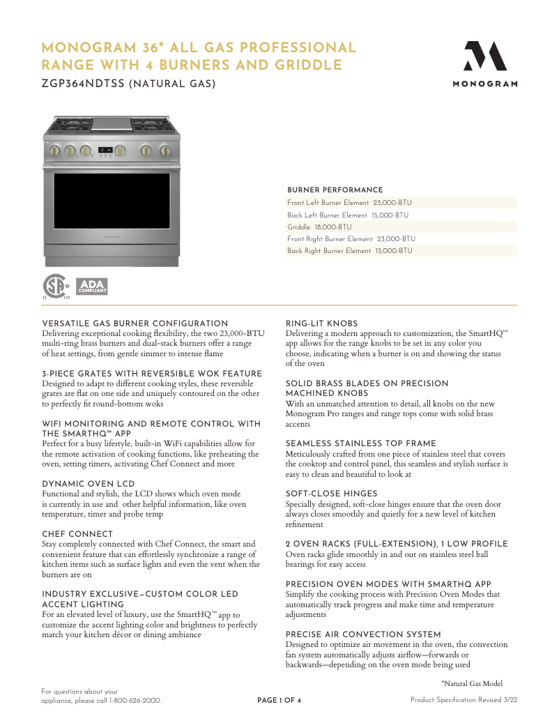 Page 1 de la notice Fiche technique Monogram ZGP364NDTSS
