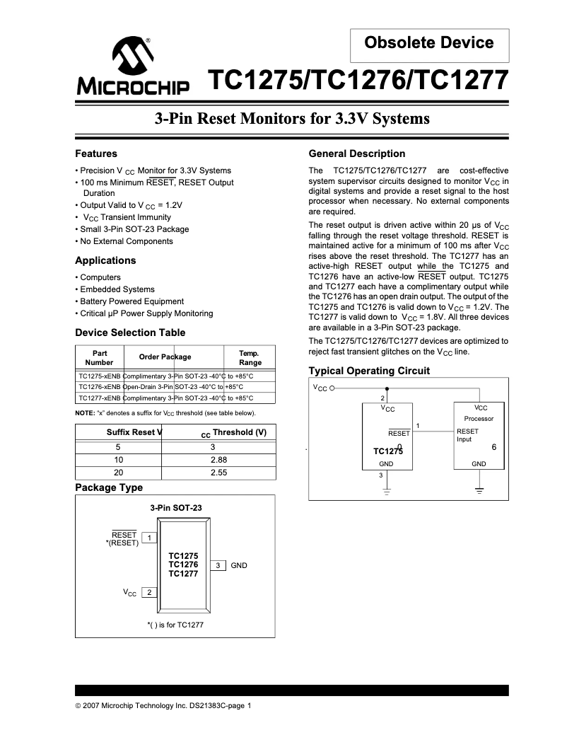 Page 1 de la notice Fiche technique Microchip TC1276
