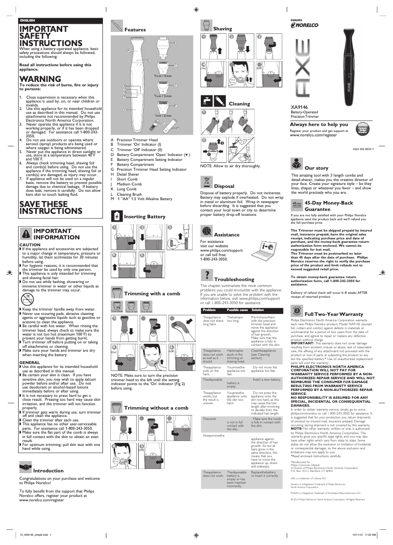 Image de la première page du manuel de l'appareil Norelco XA9146