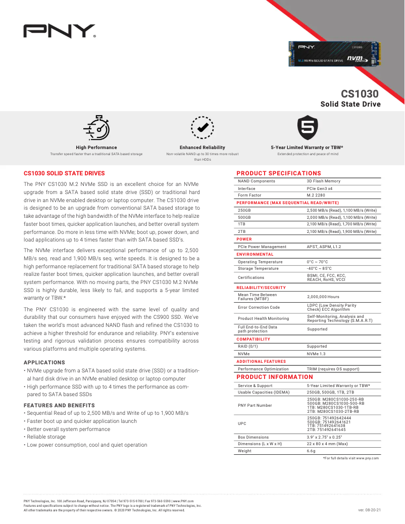 Page 1 de la notice Manuel utilisateur PNY CS1030