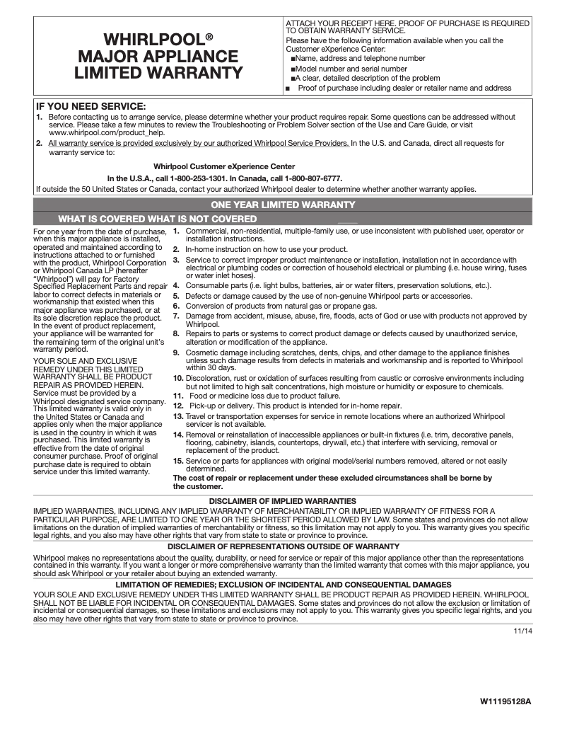 Página 1 del manual Información de garantía Whirlpool WCE77US6HB