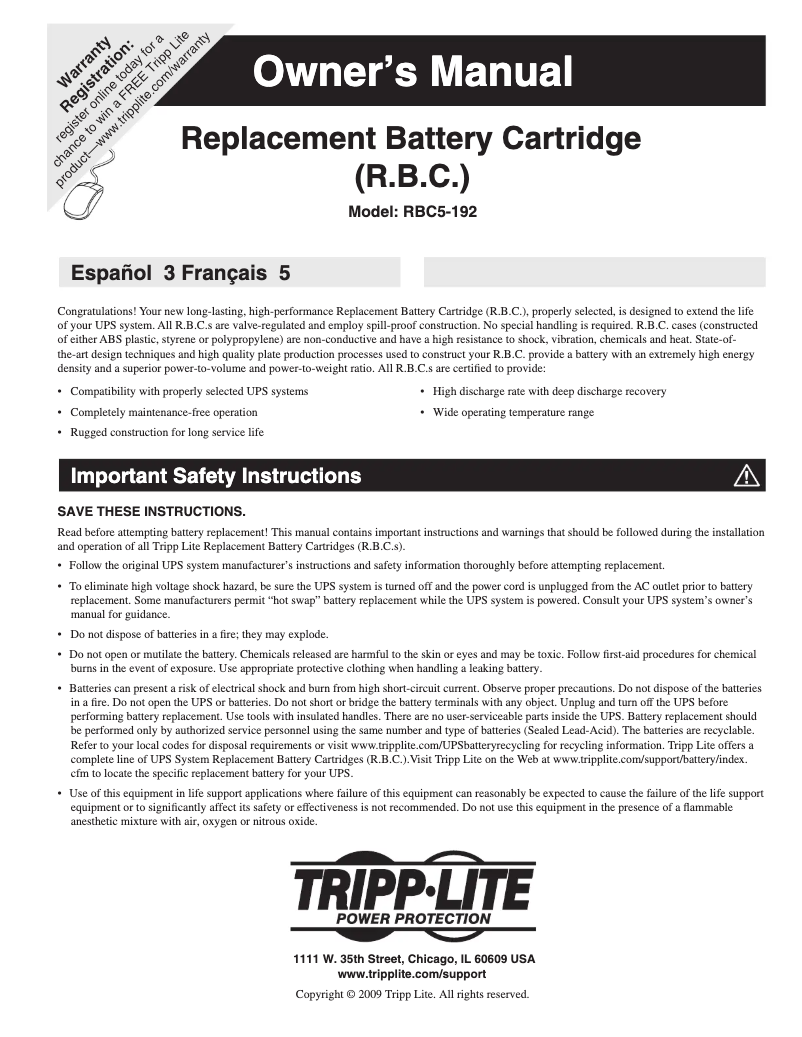 Page 1 de la notice Manuel utilisateur Tripp Lite RBC5-192