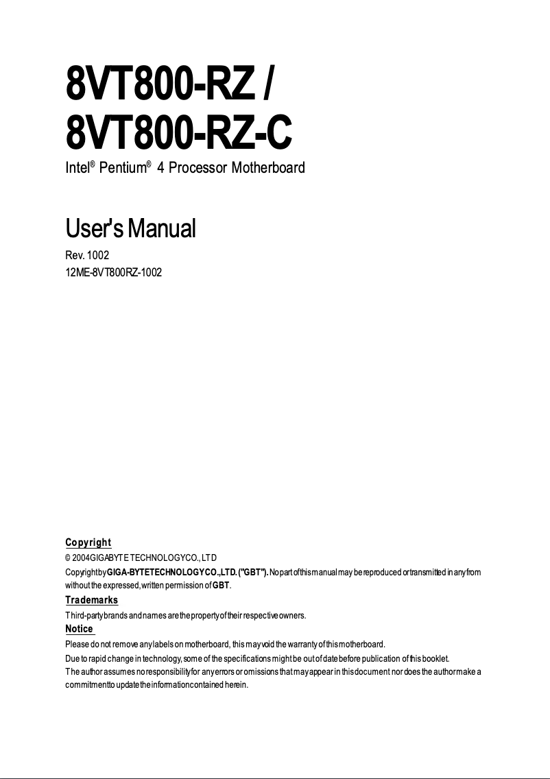 Page 1 de la notice Manuel utilisateur Gigabyte 8VT800-RZ