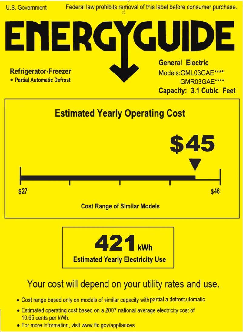 Page 1 de la notice Label énergétique GE GML03GAEBS