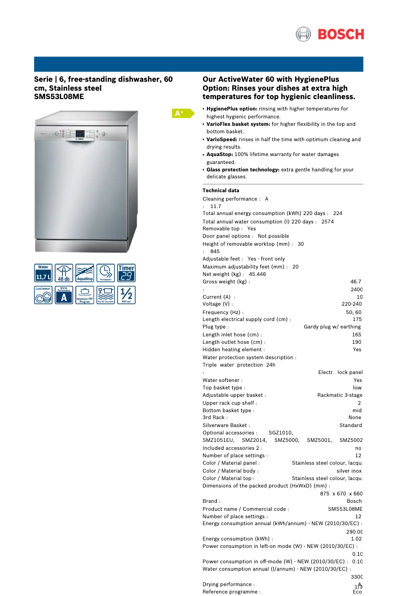 Page n°1 - Fiche technique Bosch SMS53L08ME