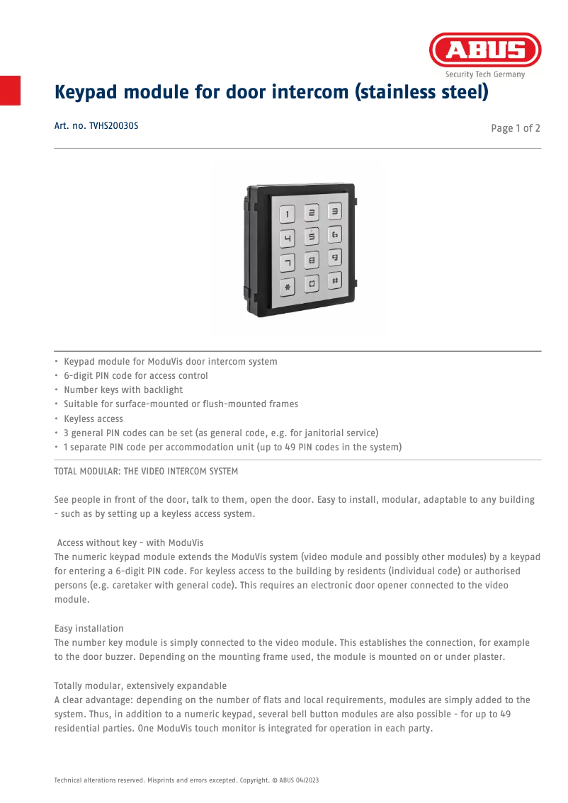Page n°1 - Fiche technique Abus TVHS20030S
