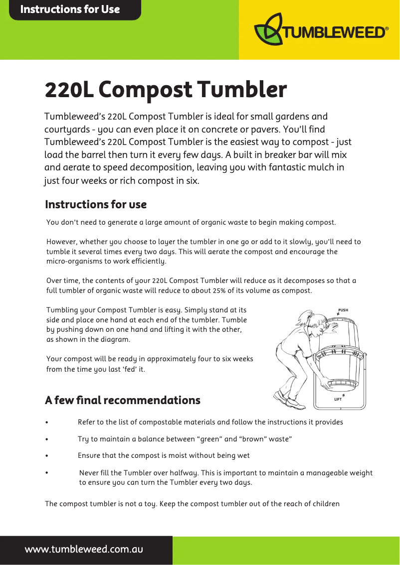 Page 1 de la notice Manuel utilisateur Tumbleweed 220L Compost Tumbler