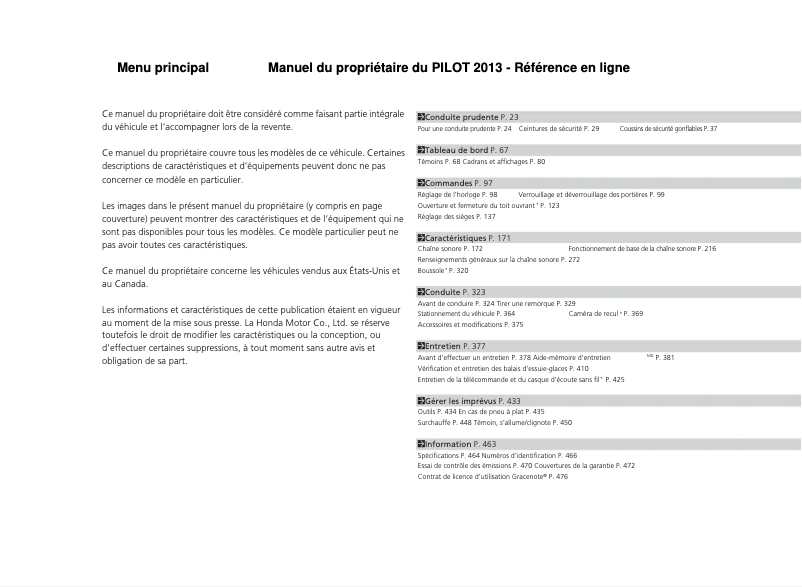 Página 1 del manual Manual de usuario Honda Pilot (2013)