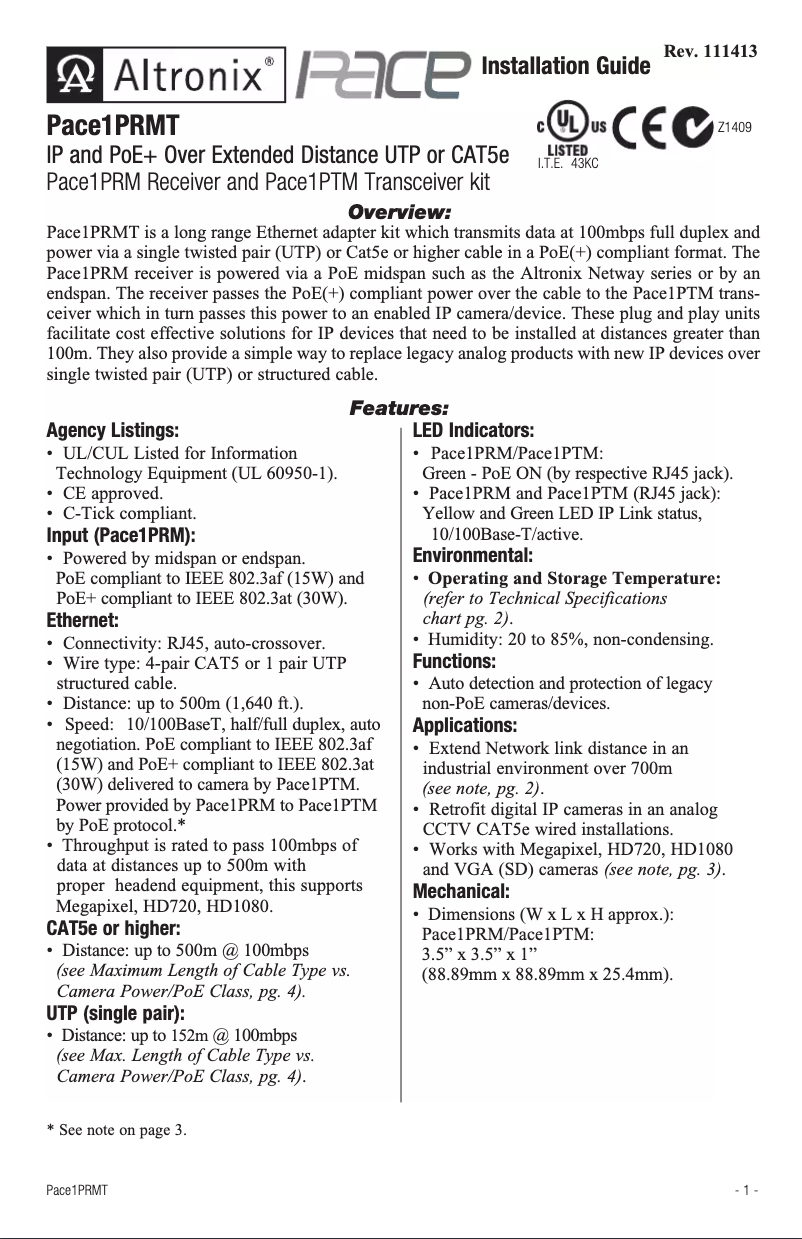 Page n°1 - Manuel utilisateur Altronix Pace1PRMT