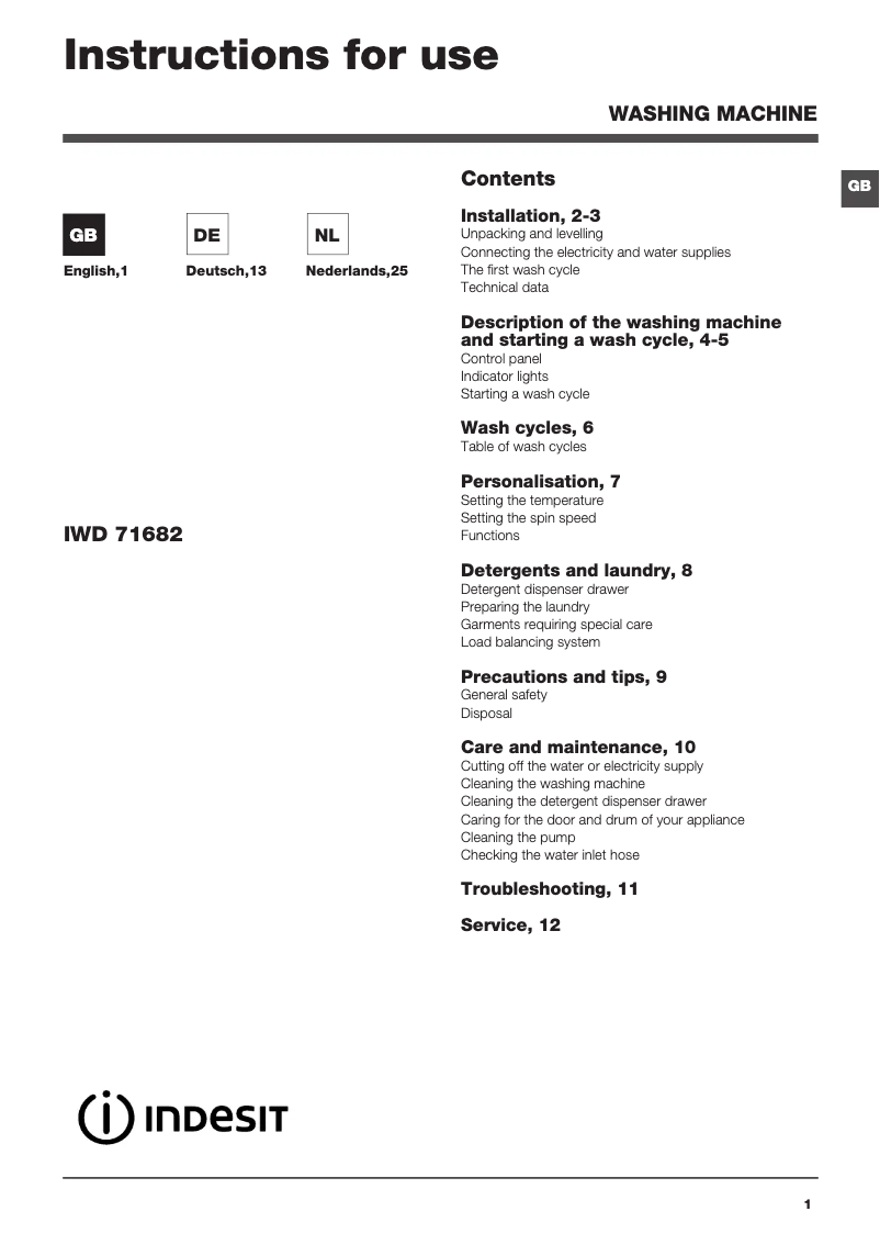Page 1 de la notice Manuel utilisateur Indesit IWD 71682