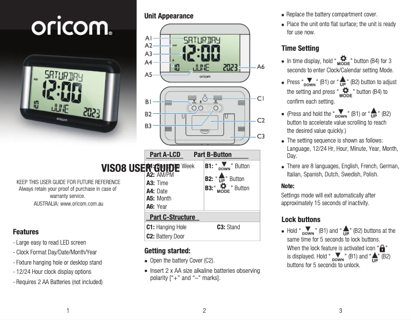 Page 1 de la notice Manuel utilisateur Oricom VISO8