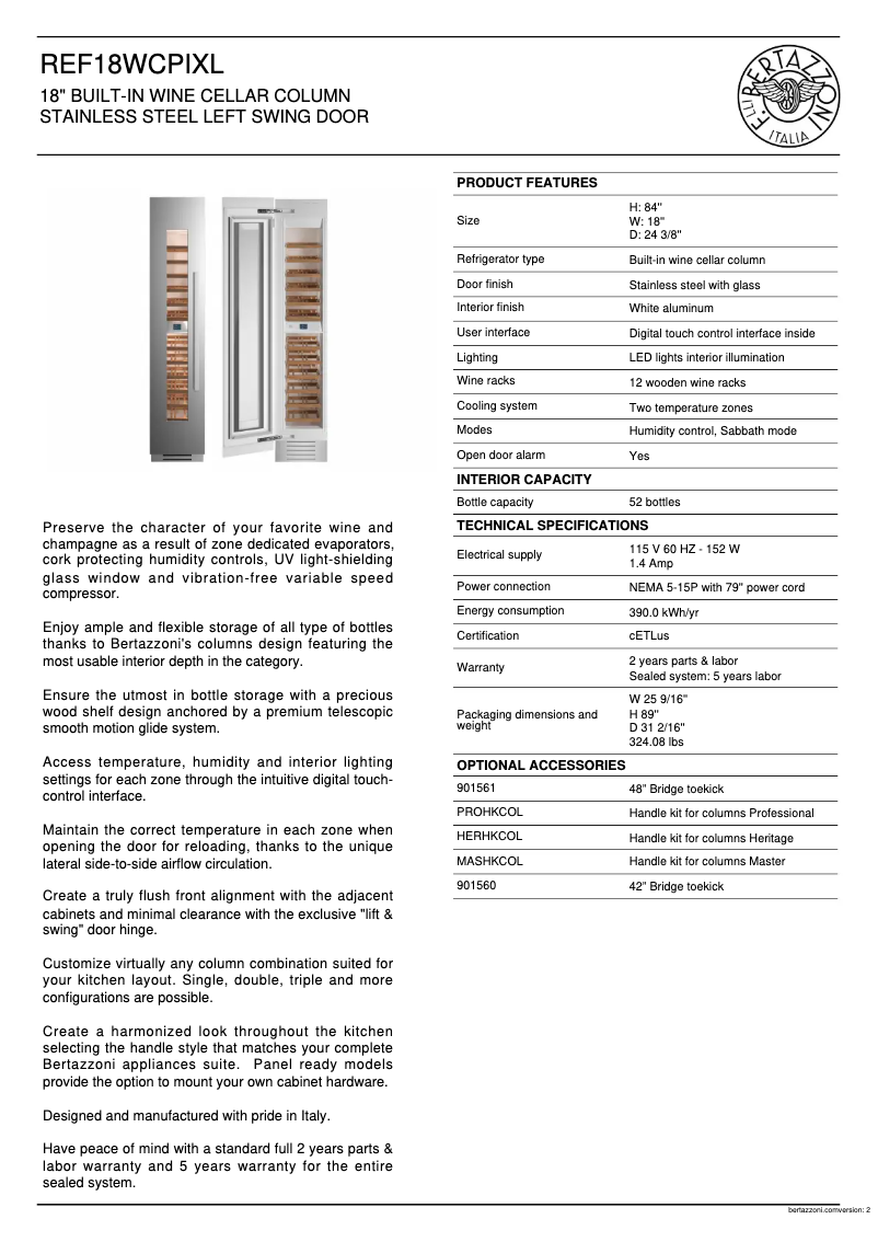 Page 1 de la notice Fiche technique Bertazzoni REF18WCPIXL