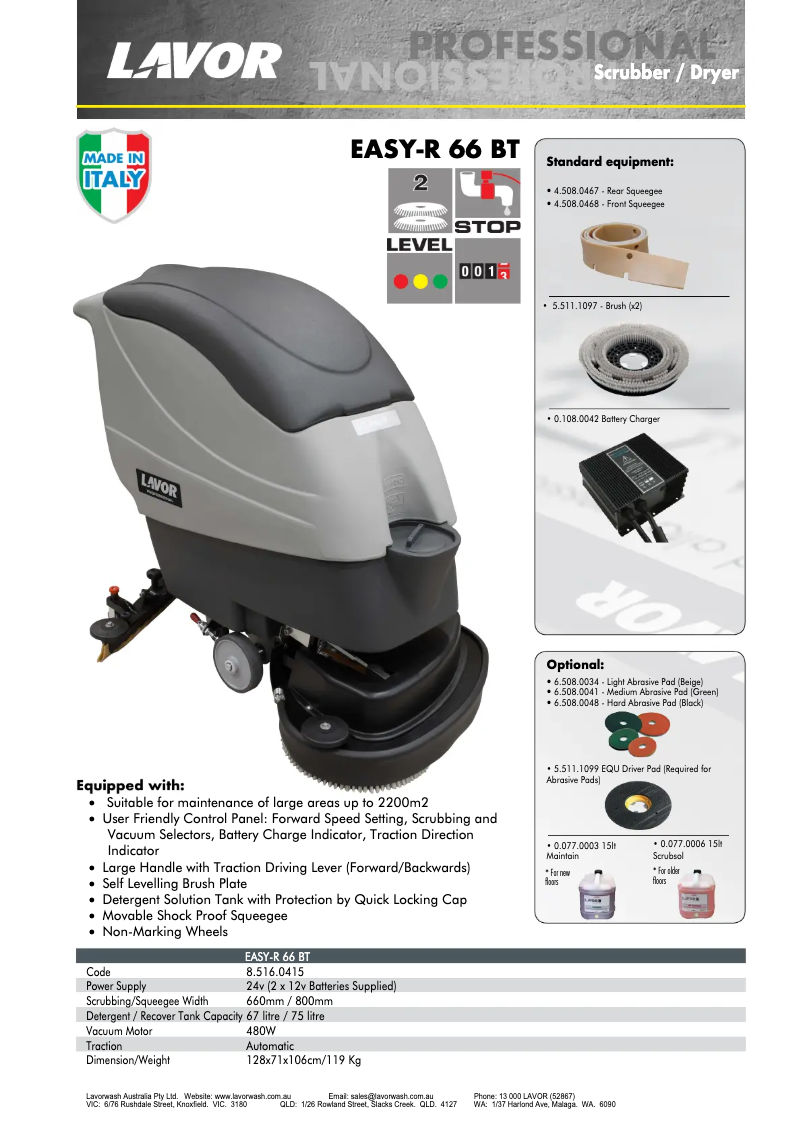 Page n°1 - Fiche technique Lavorwash EASY-R 66 BT