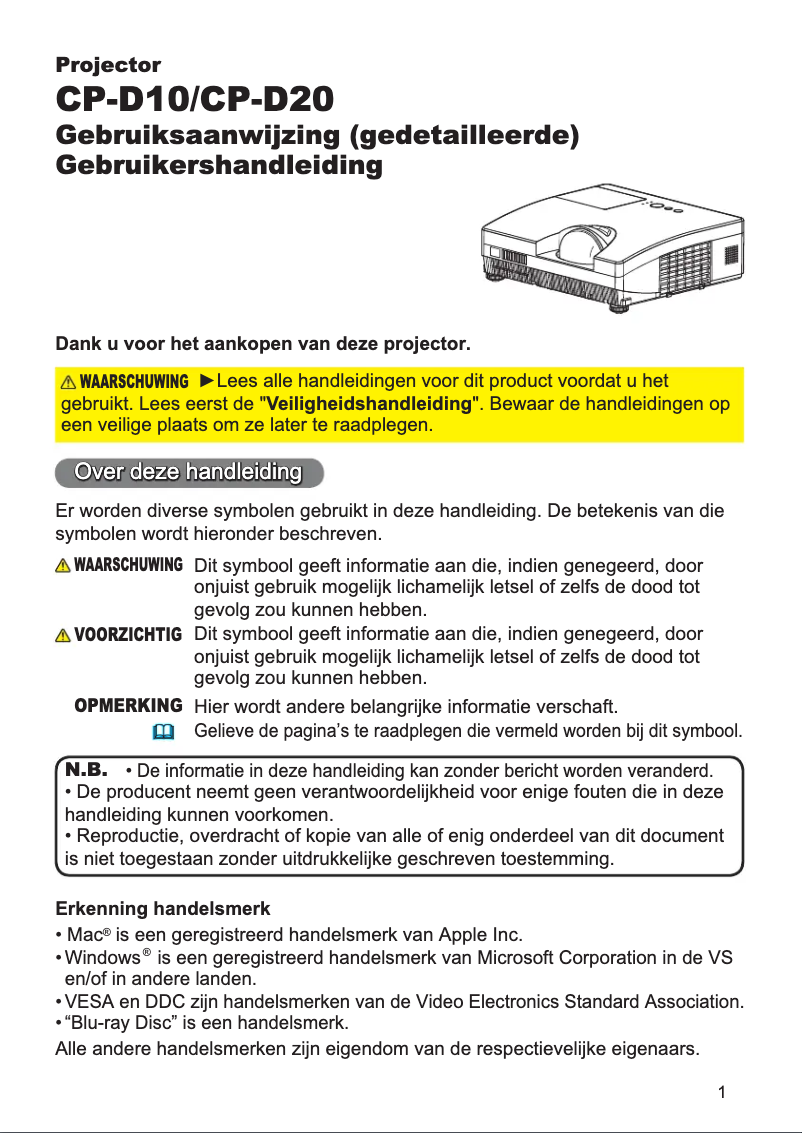 Page 1 de la notice Manuel utilisateur Hitachi CP-D20EF