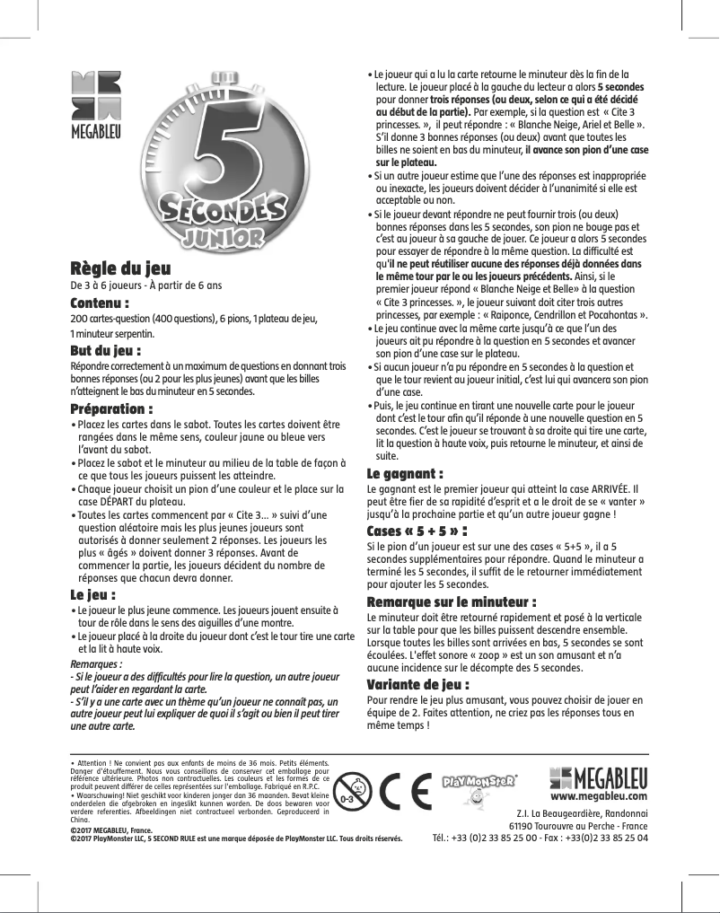 Page 1 de la notice Manuel utilisateur MEGABLEU 5 Secondes Junior