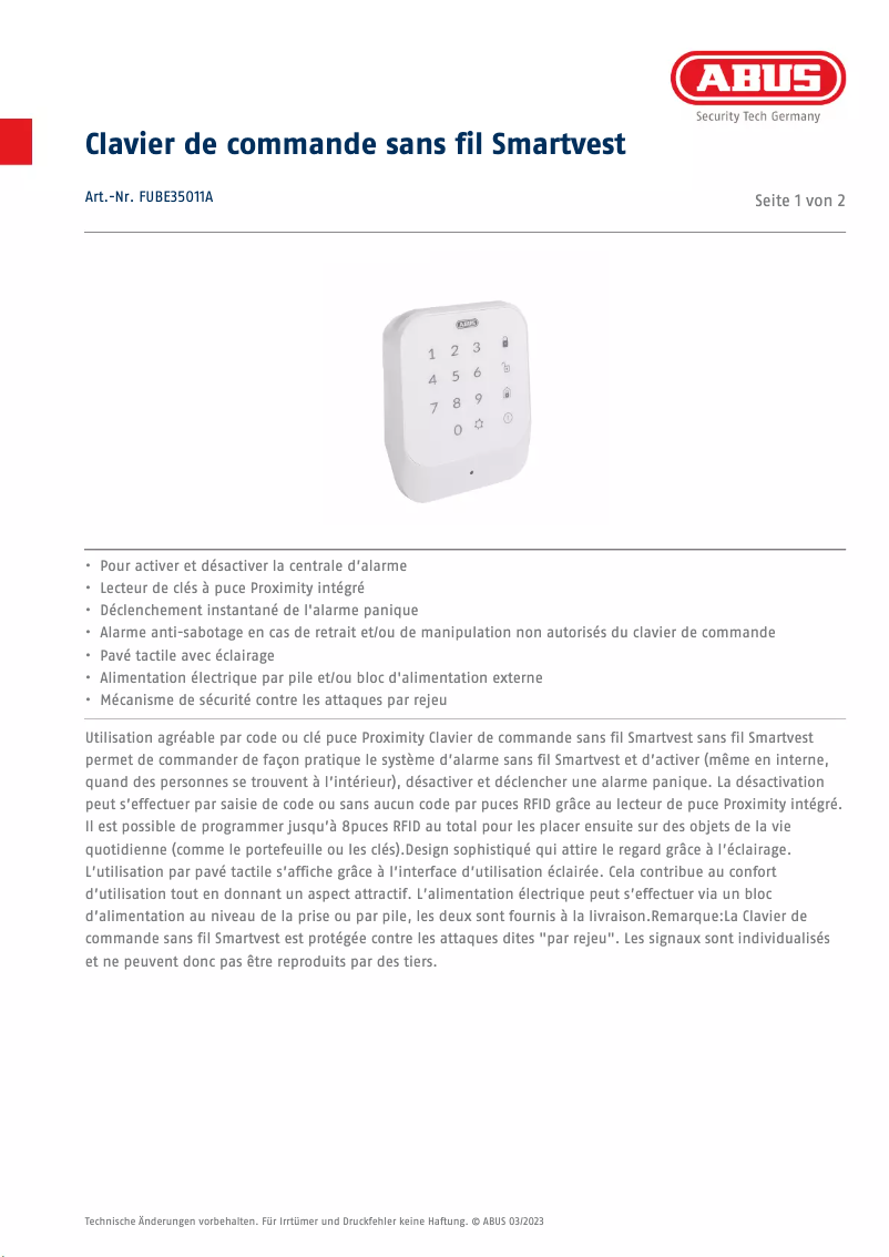 Página 1 del manual Ficha técnica Abus FUBE35011A